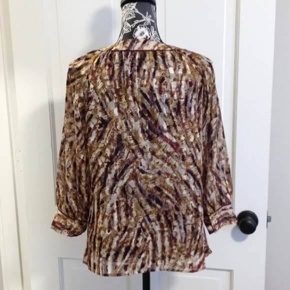 🍂Antonio Melani🍂 - Gold/Red/Black/Brown Pleated Front Semi-Sheer Gaylene Top - Picture 2 of 13